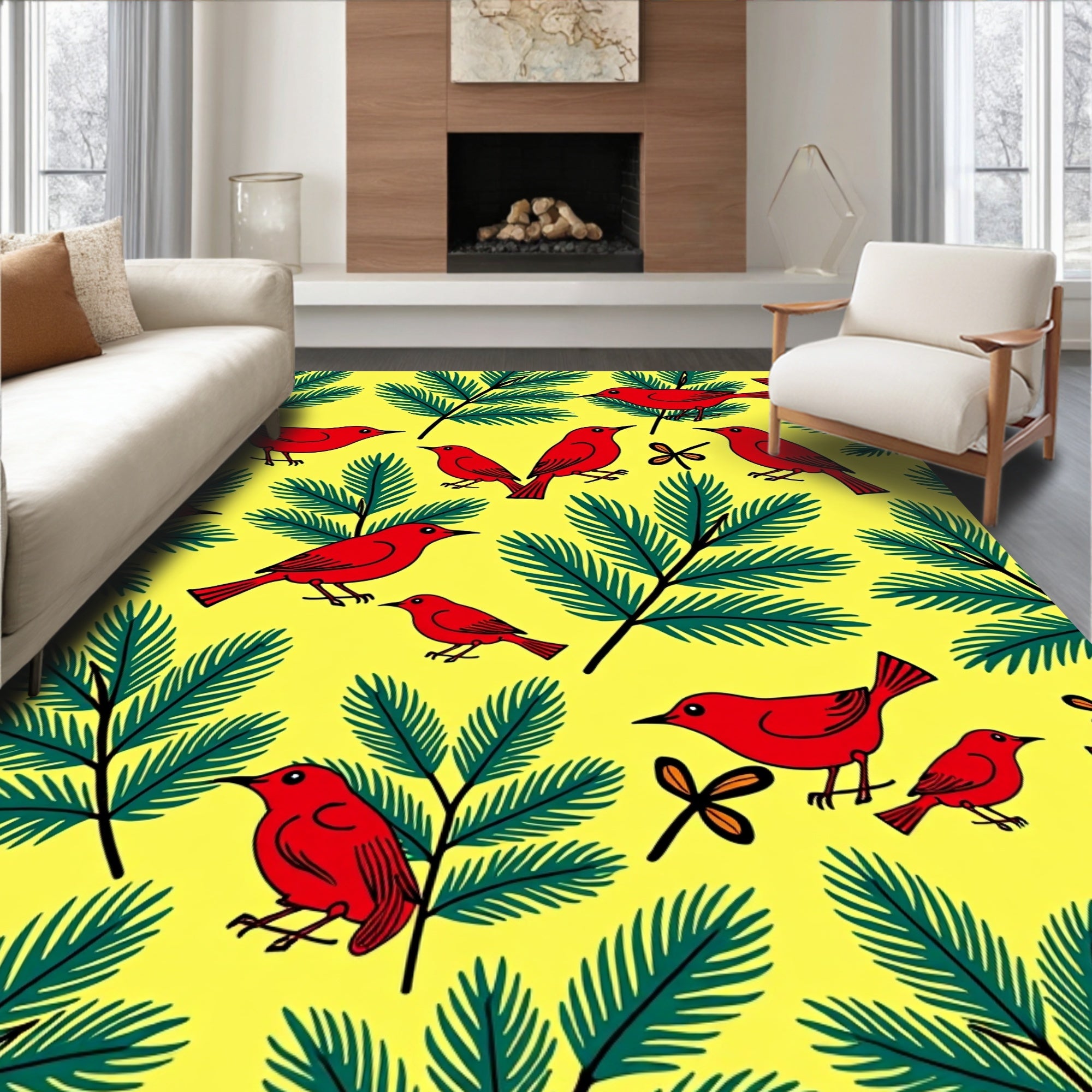 Vibrant Red Birds Evergreen Branches Rug