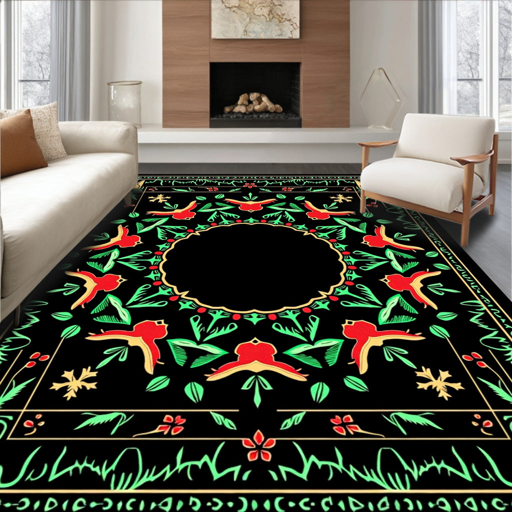 Red Green Bird Floral Border Rug