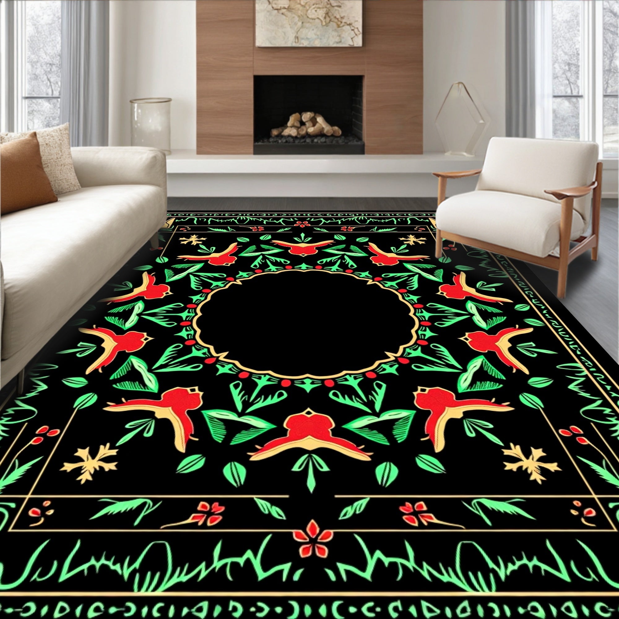 Red Green Bird Floral Border Rug