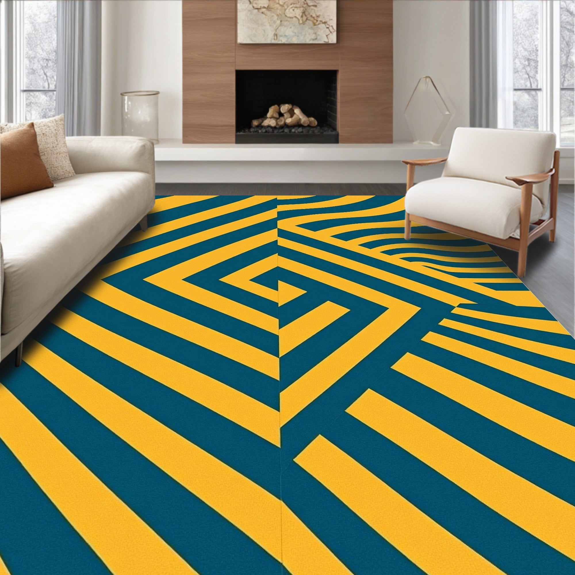 Geometric Teal Yellow Stripes Flow Rug