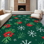 Festive Red Holly Snowflakes Green Background Rug