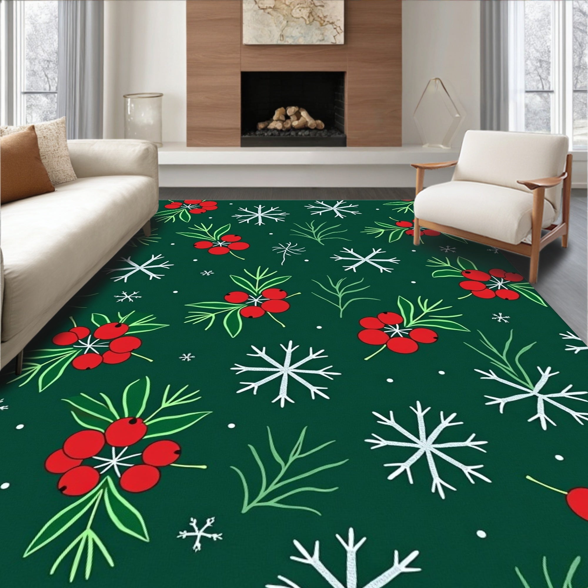 Festive Red Holly Snowflakes Green Background Rug