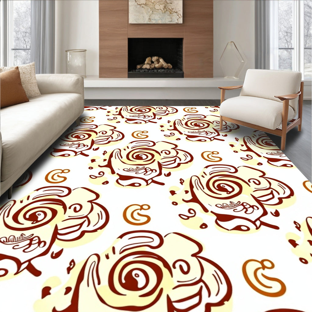 Cream and Brown Abstract Swirl Rug