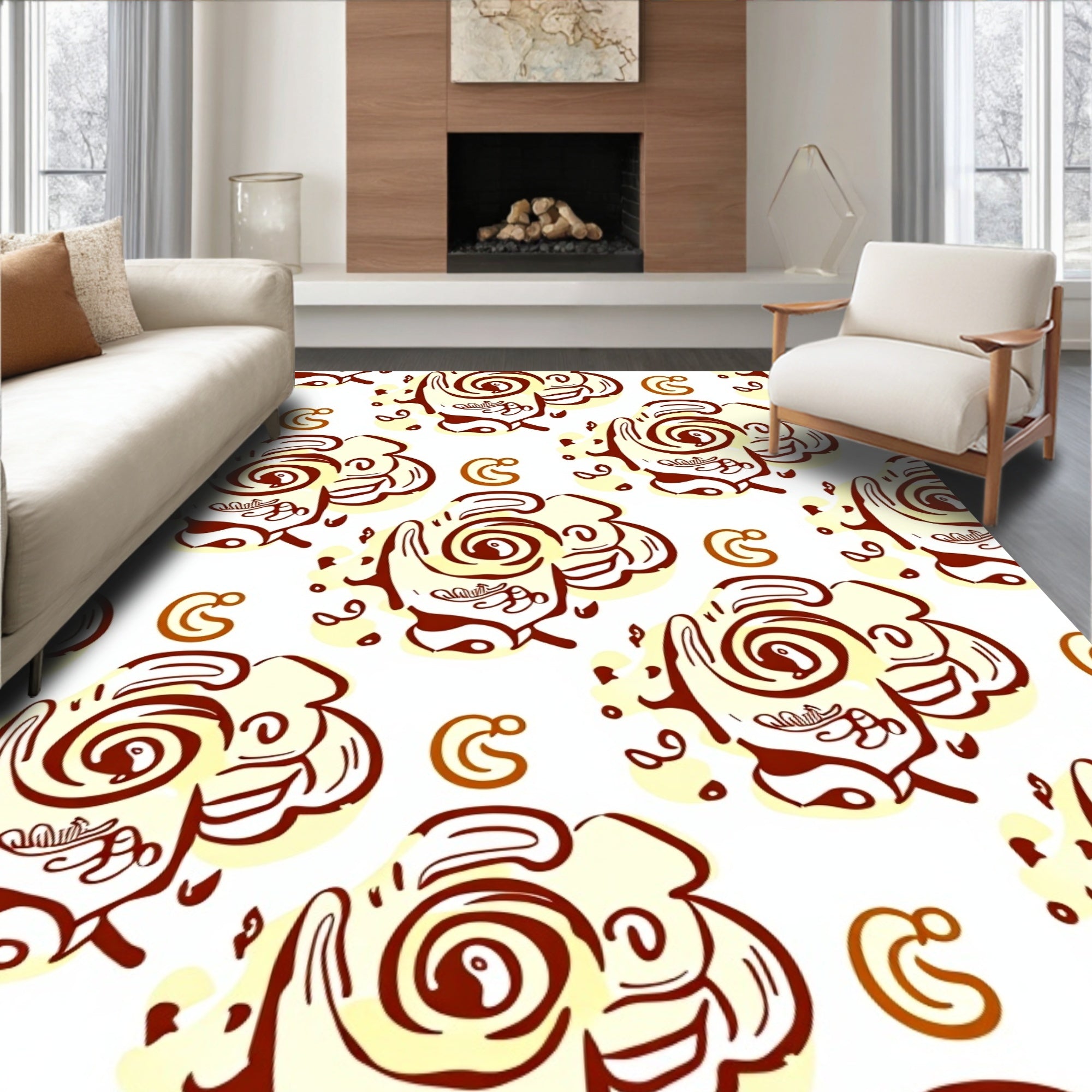 Cream and Brown Abstract Swirl Rug