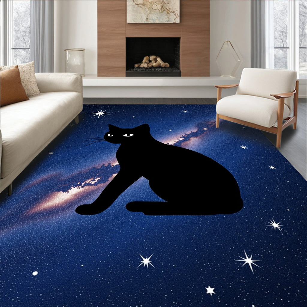 Black Cat Cosmic Night Sky Rug