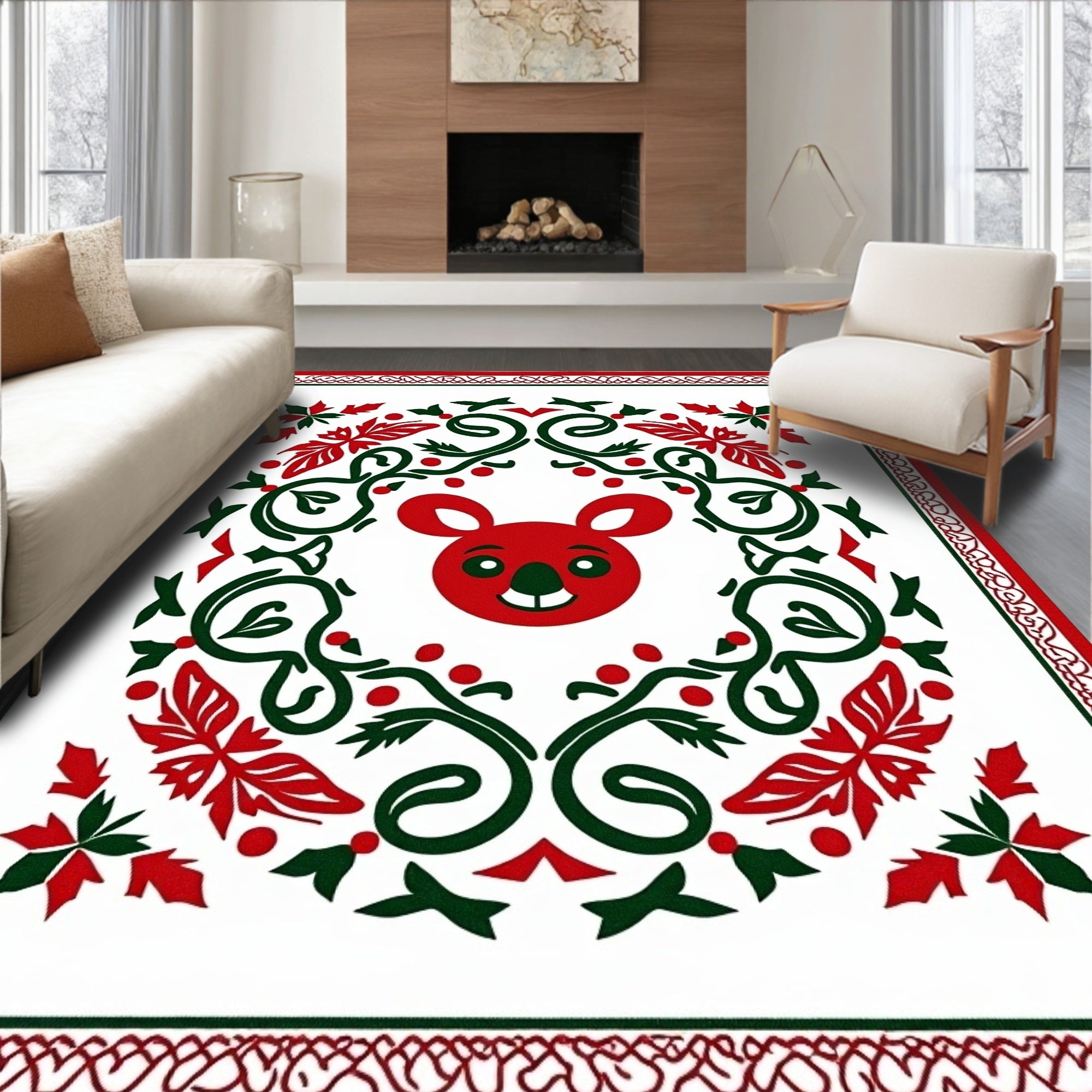 Red Koala Festive Floral Border Rug