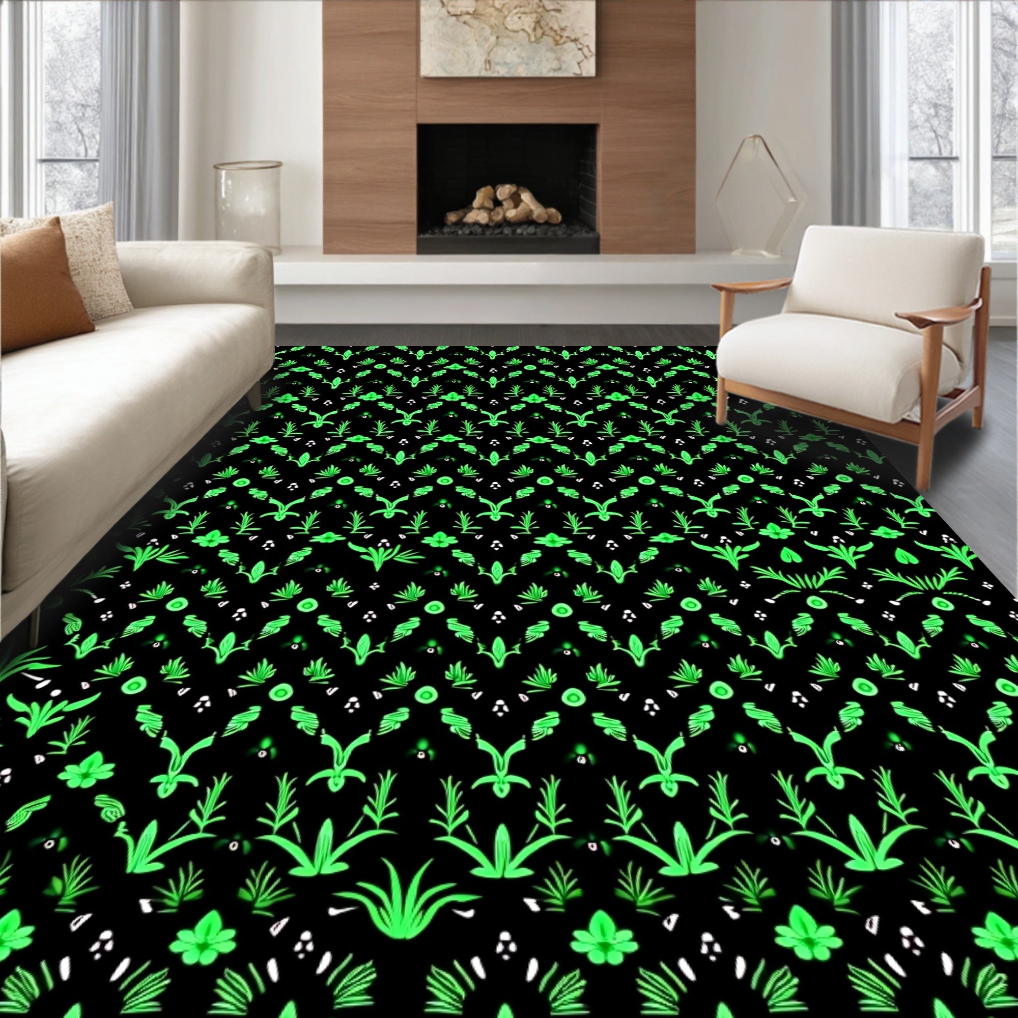 Vibrant Green Floral Vines Rug