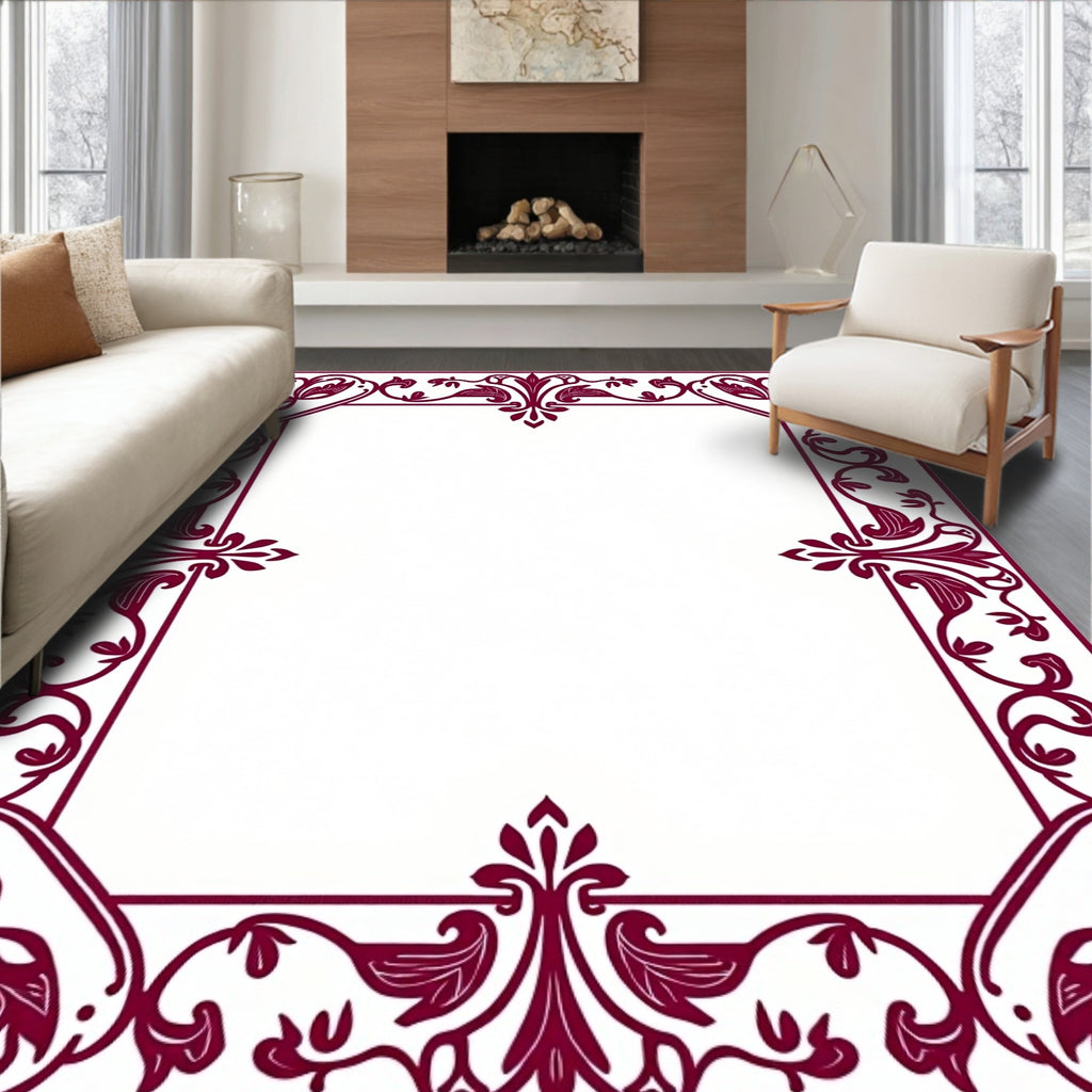 Deep Burgundy Floral Scroll Border Rug