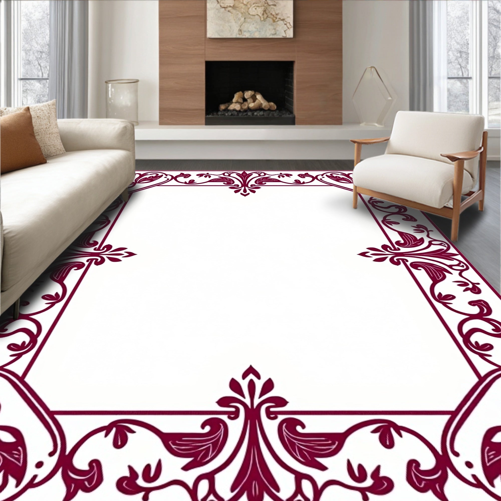 Deep Burgundy Floral Scroll Border Rug