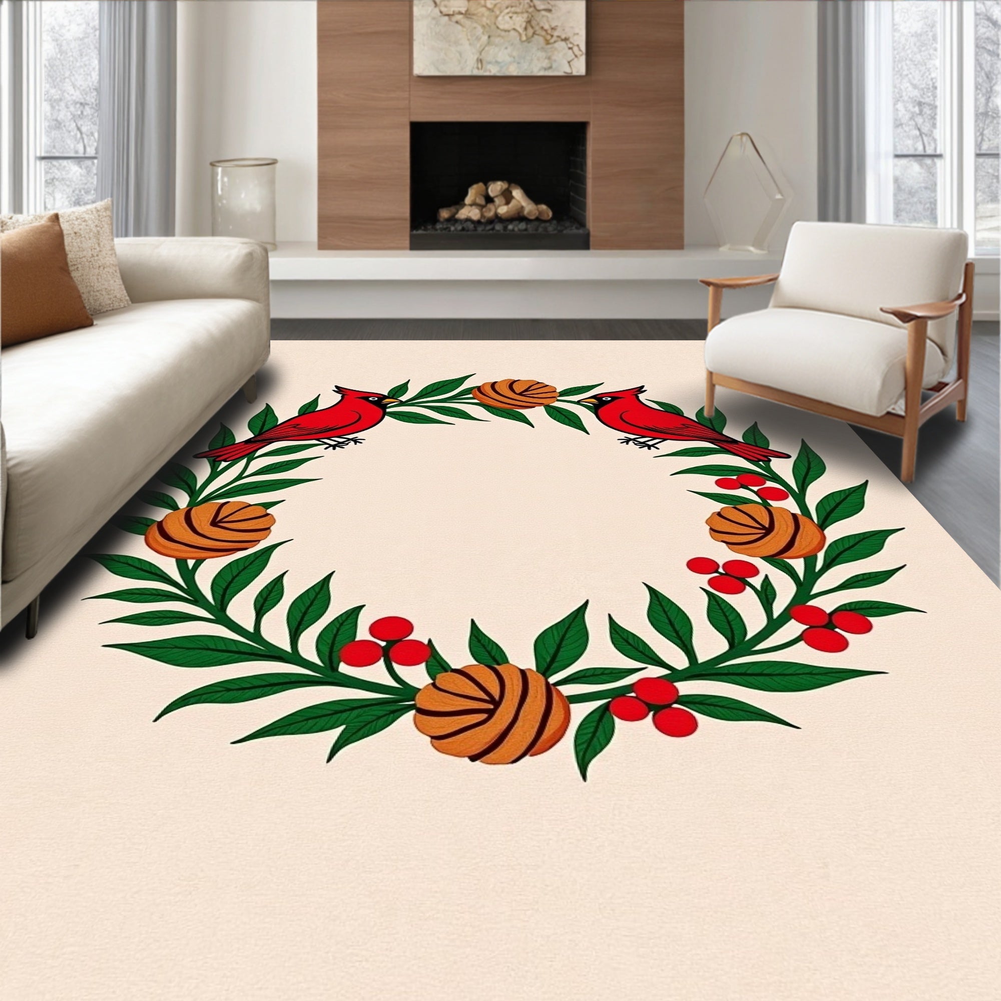 Red Cardinal Wreath Green Leaf Berry Rug