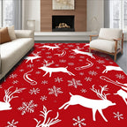 Red White Reindeer Snowflake Winter Scene Rug