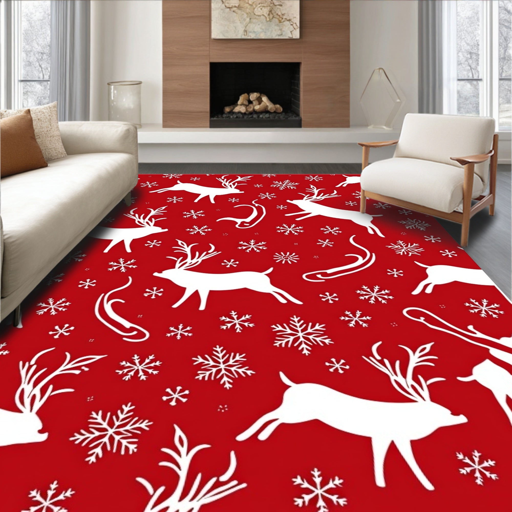 Red White Reindeer Snowflake Winter Scene Rug