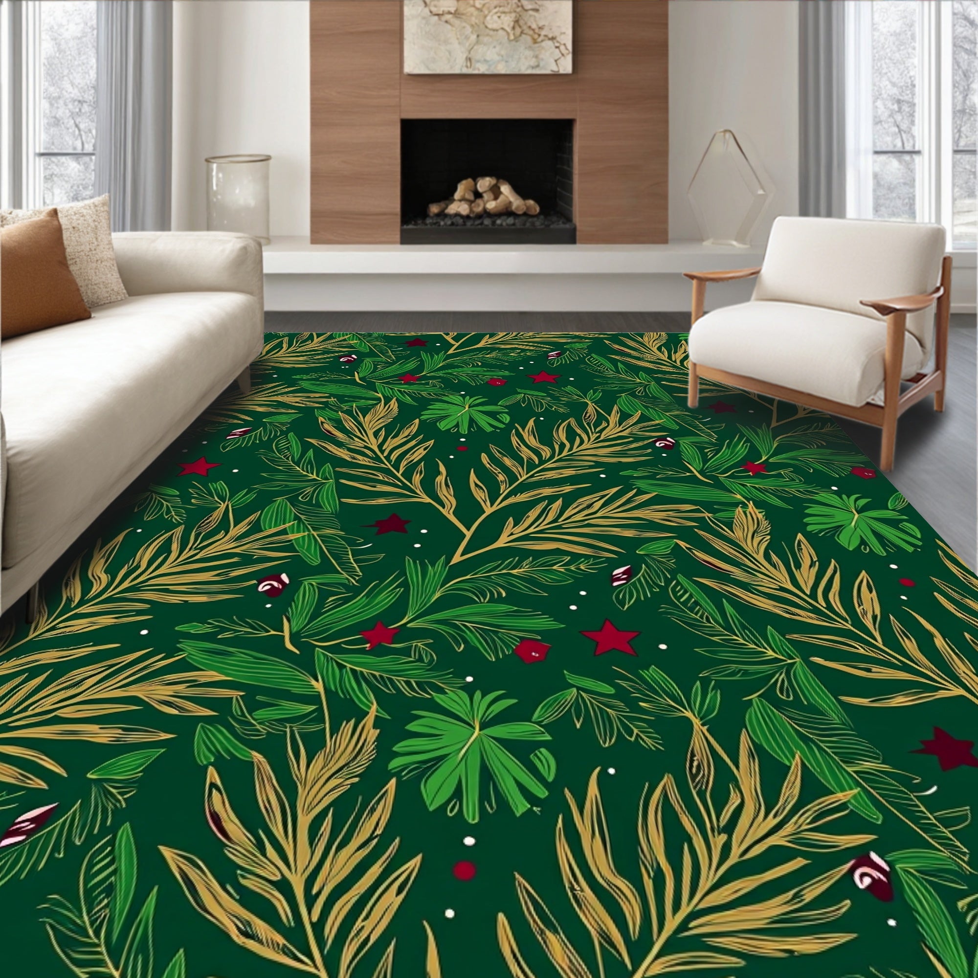 Emerald Green Festive Foliage Stars Rug