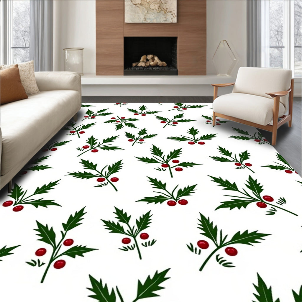 Green Holly Christmas Berry Sprigs Rug