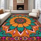 Vibrant Orange Teal Mandala Flower Rug