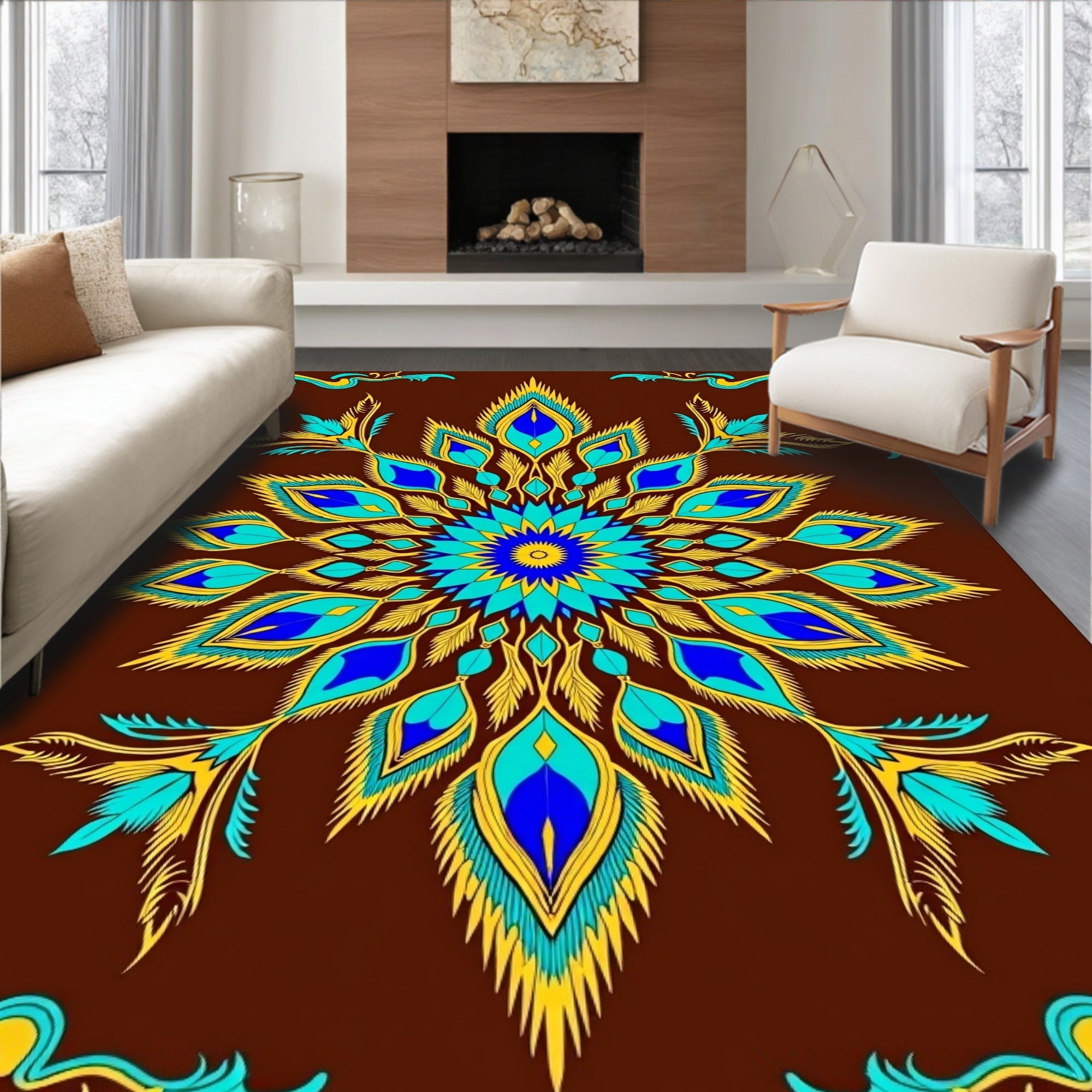 Symmetrical Blue Yellow Feather Medallion Rug