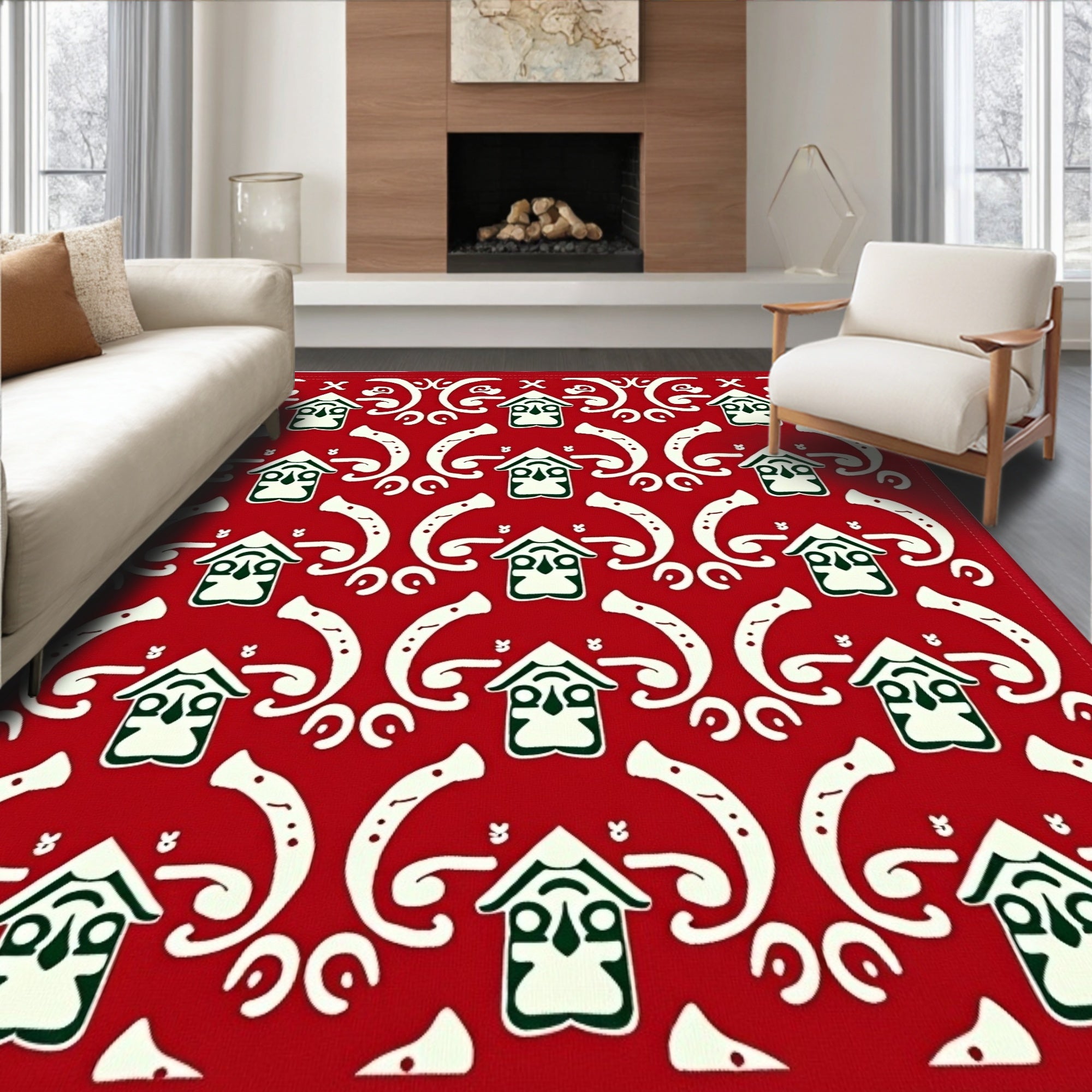 Red White House Tribal Geometric Rug