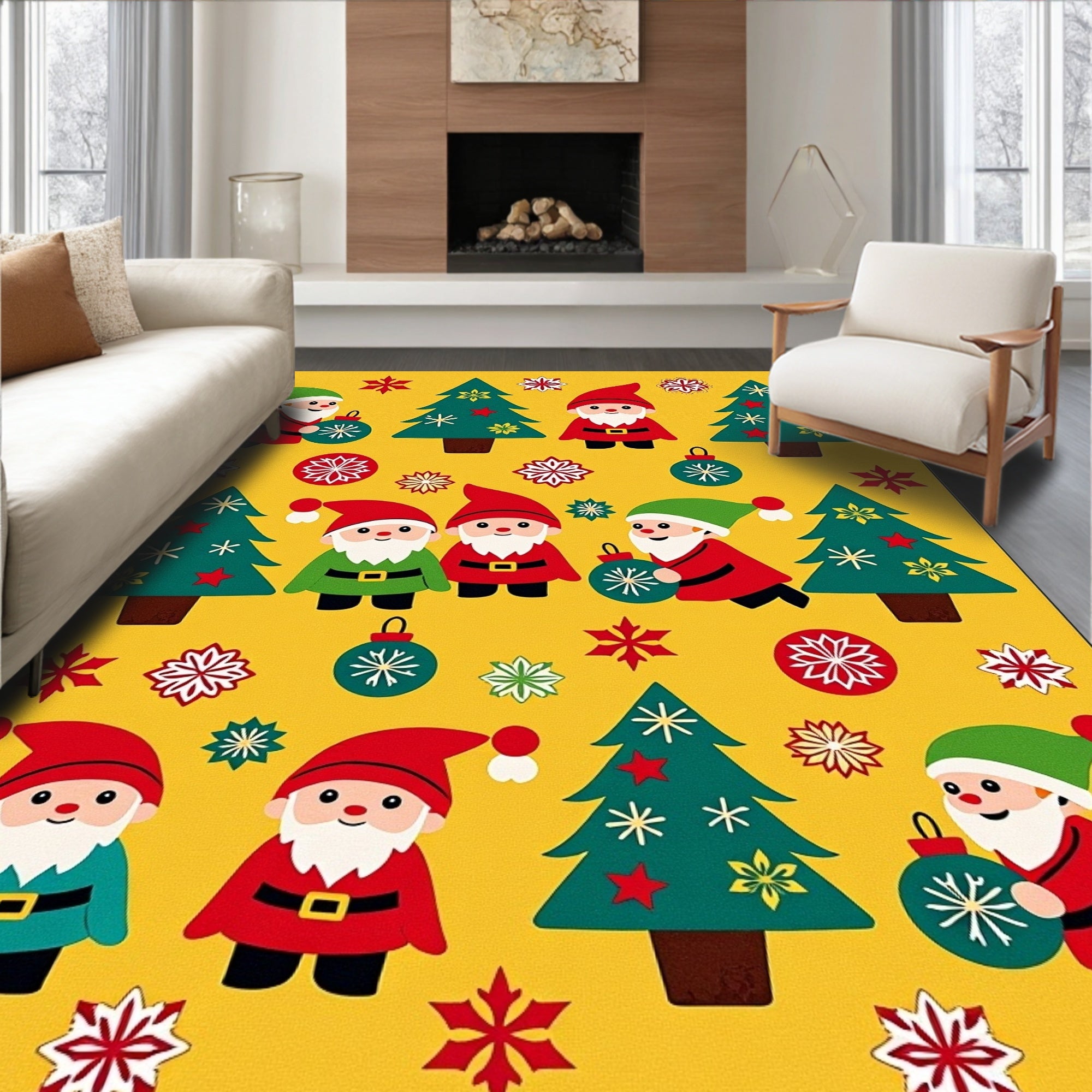 Cheery Gnomes and Trees Holiday Scene Rug