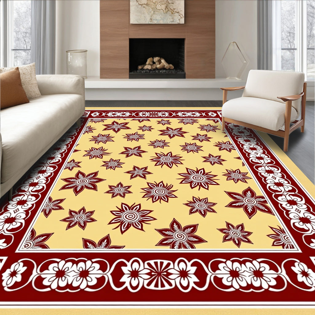 Deep Red Floral Medallion Cream Rug