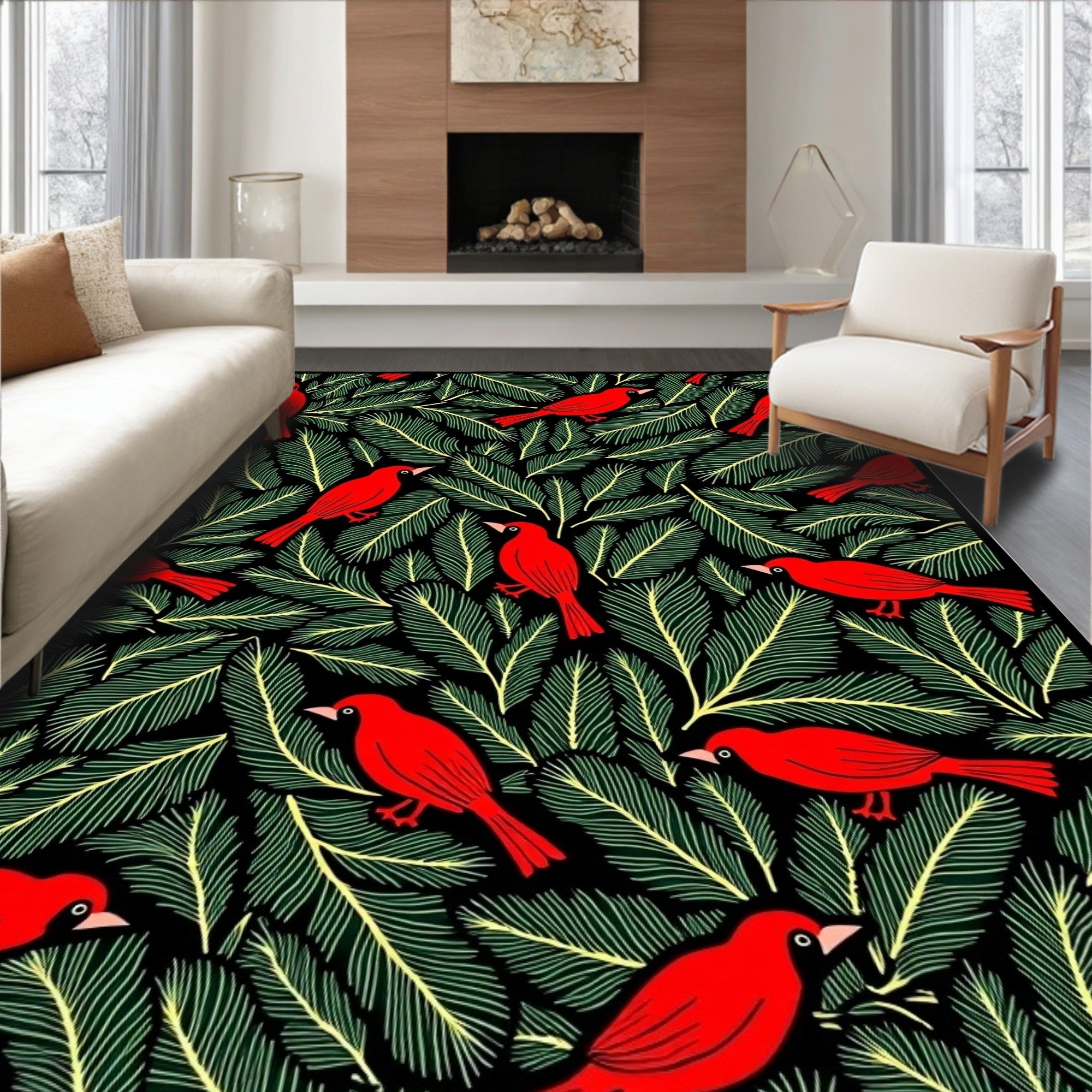 Crimson Cardinals Among Evergreen Boughs Rug