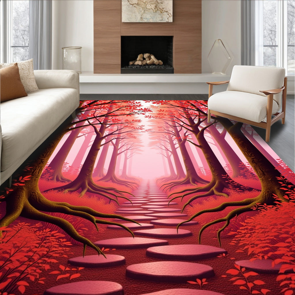 Crimson Forest Path Surrealism Rug
