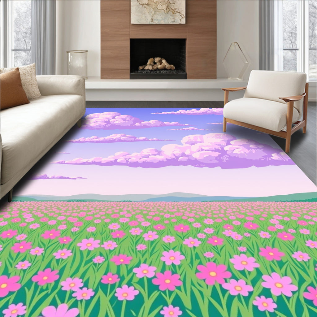 Pink Flower Field With Purple Clouds Rug