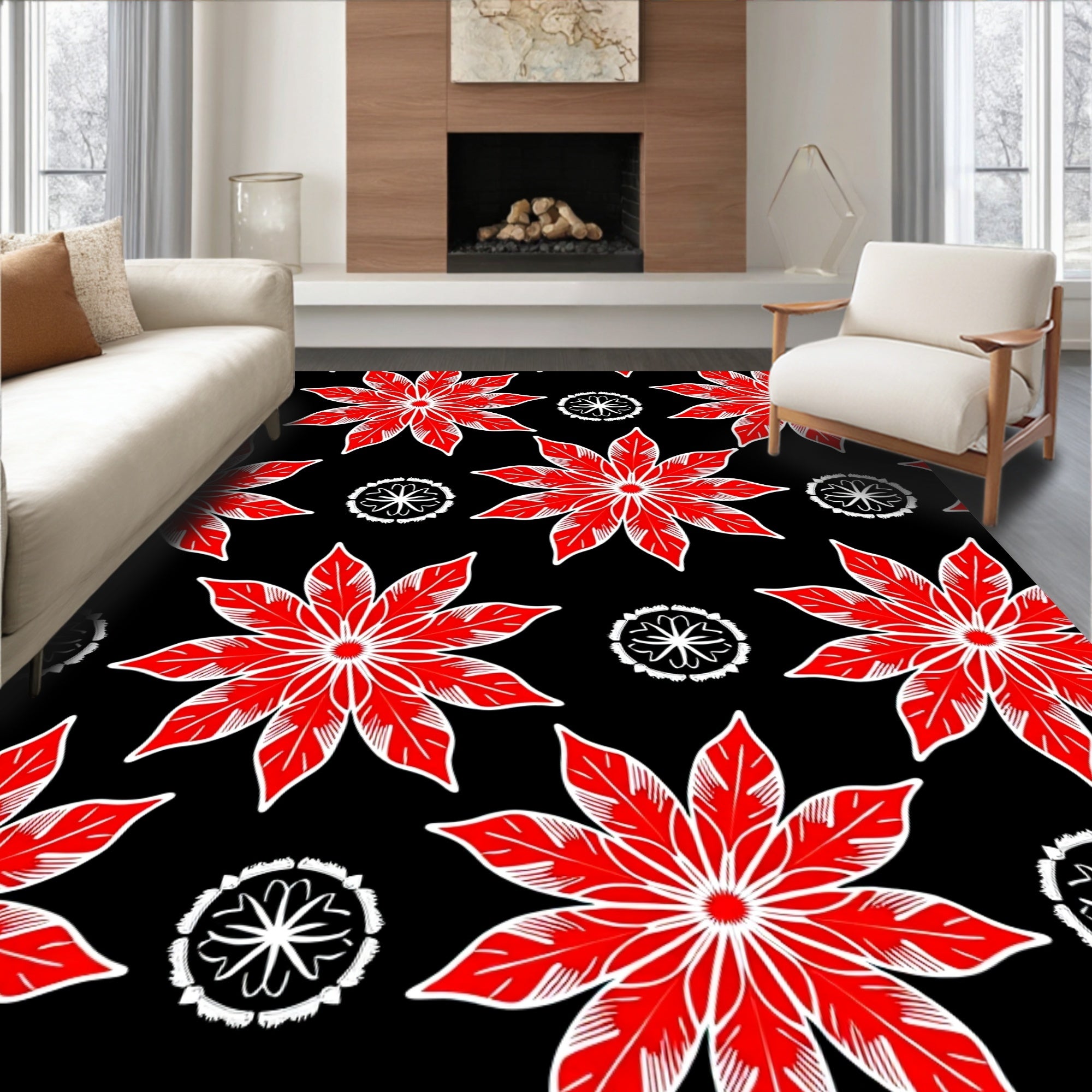 Bold Red Floral Starburst Rug