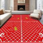 Red white grid with green reindeer corner Rug