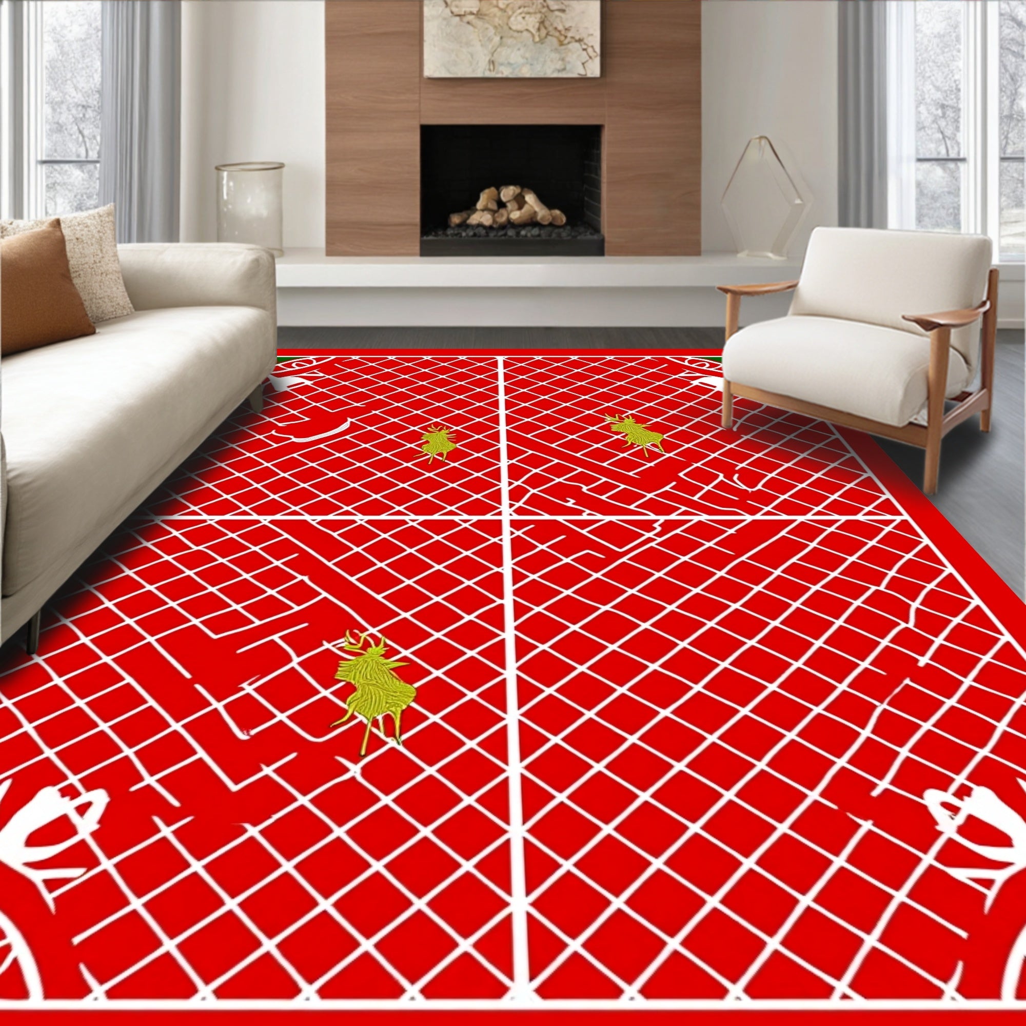 Red white grid with green reindeer corner Rug