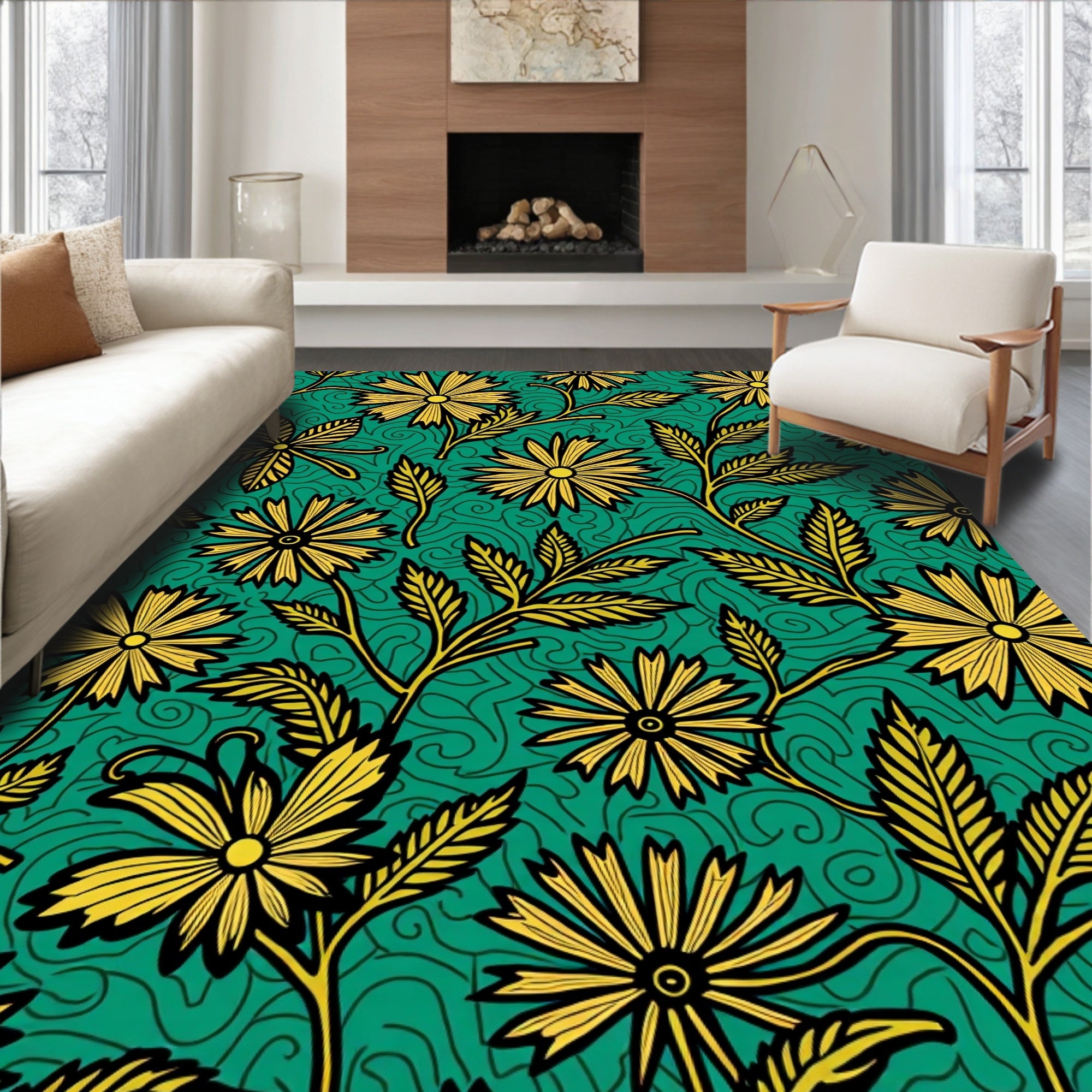 Golden Floral Emerald Garden Swirl Rug