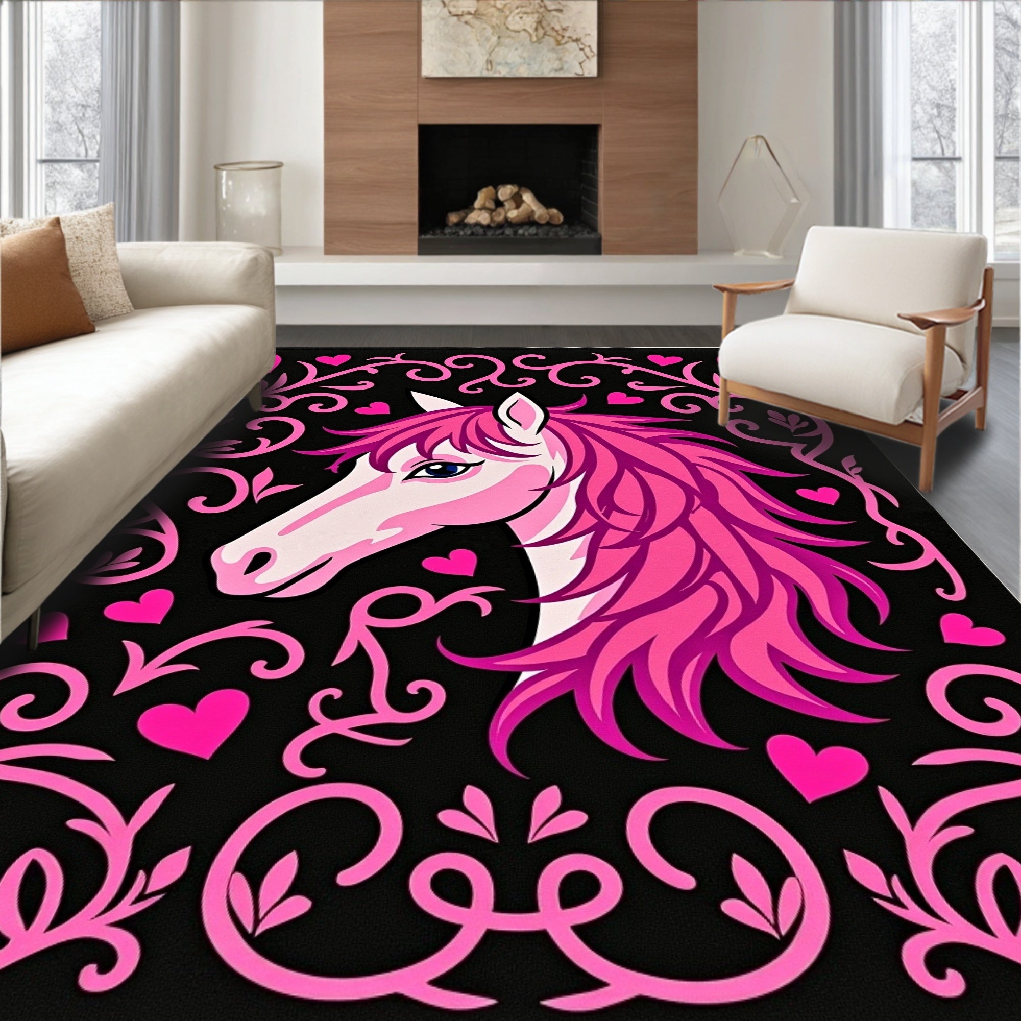 Pink Unicorn Black Background Hearts Floral Rug