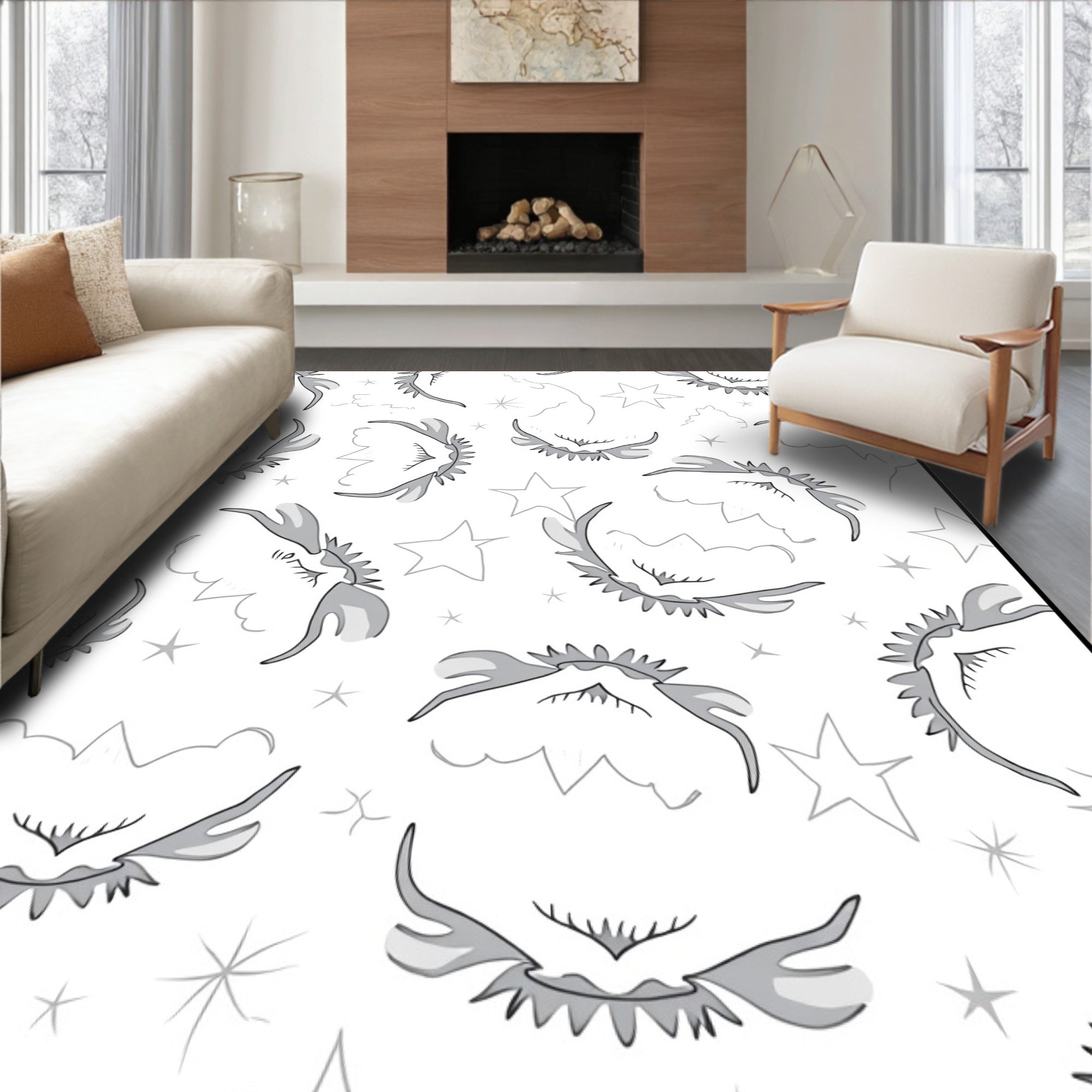 Whimsical Gray Winged Creatures Stars Rug