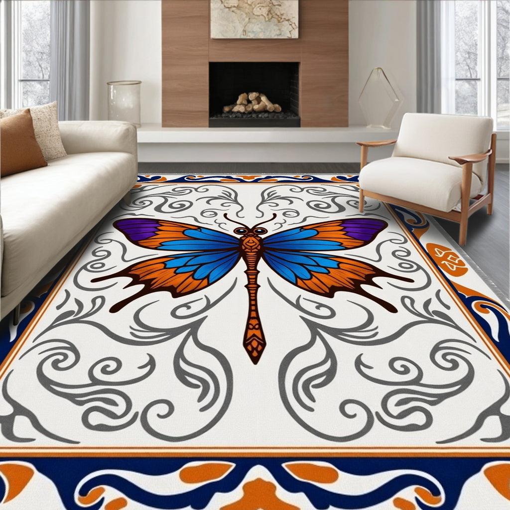Vibrant Blue Orange Butterfly Scrollwork Rug