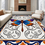 Vibrant Blue Orange Butterfly Scrollwork Rug