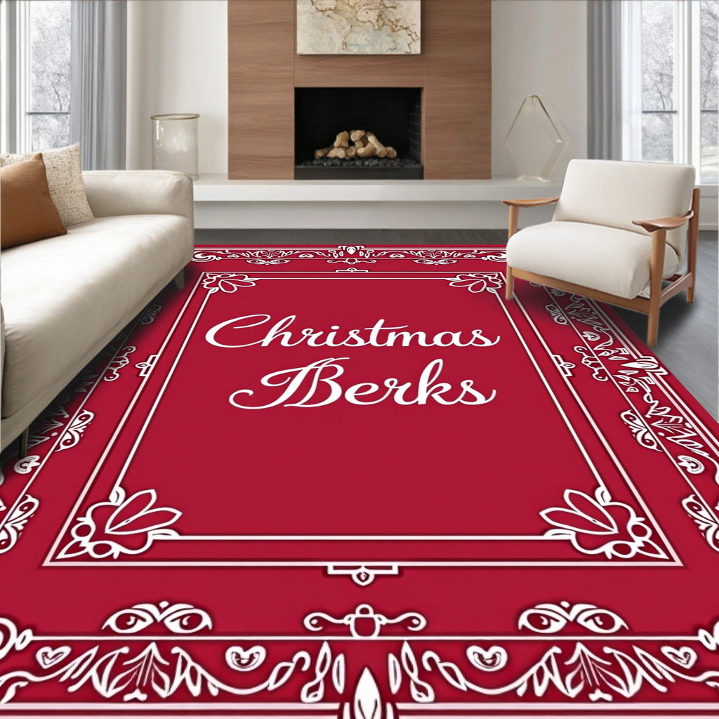 Crimson White Ornate Scrollwork Border Rug