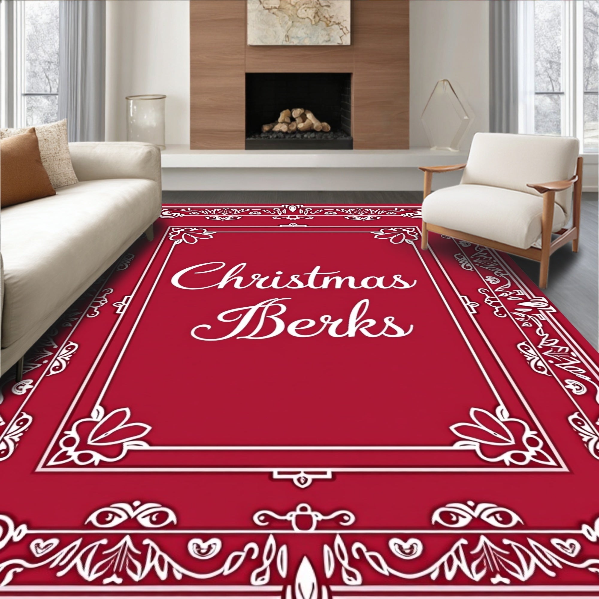 Crimson White Ornate Scrollwork Border Rug