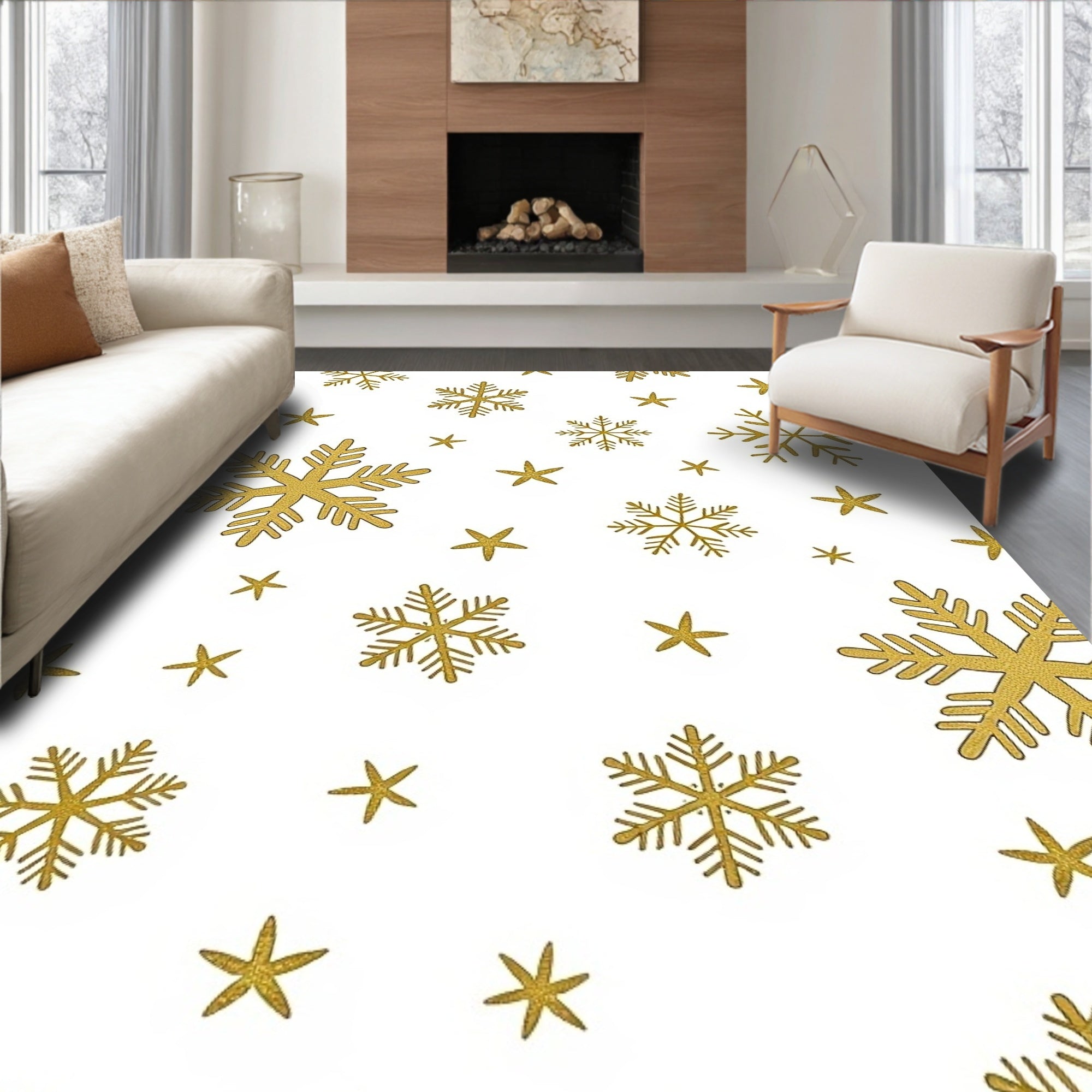 Golden Snowflake Scattered Background Rug