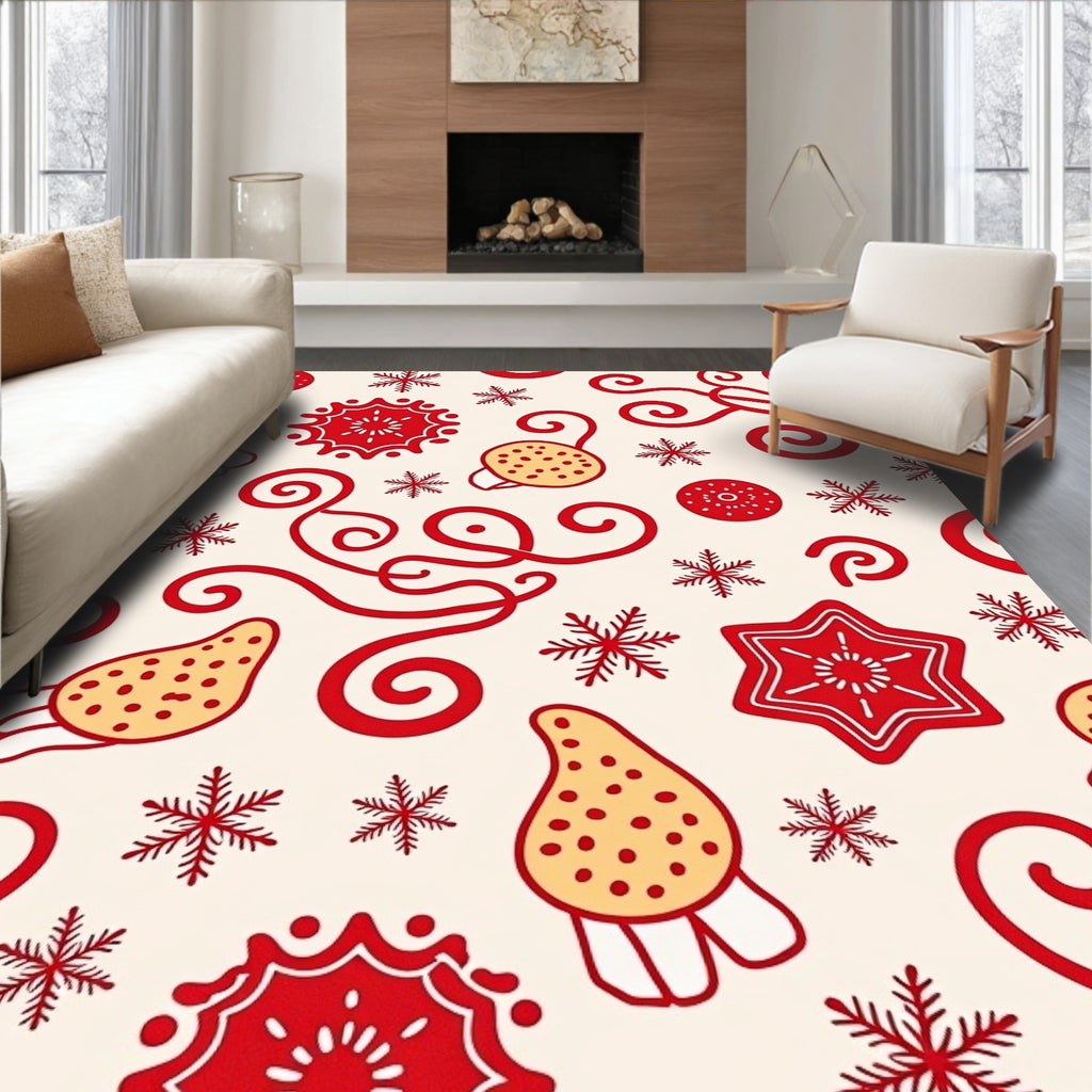 Red Snowflake Mushroom Swirl Festive Rug