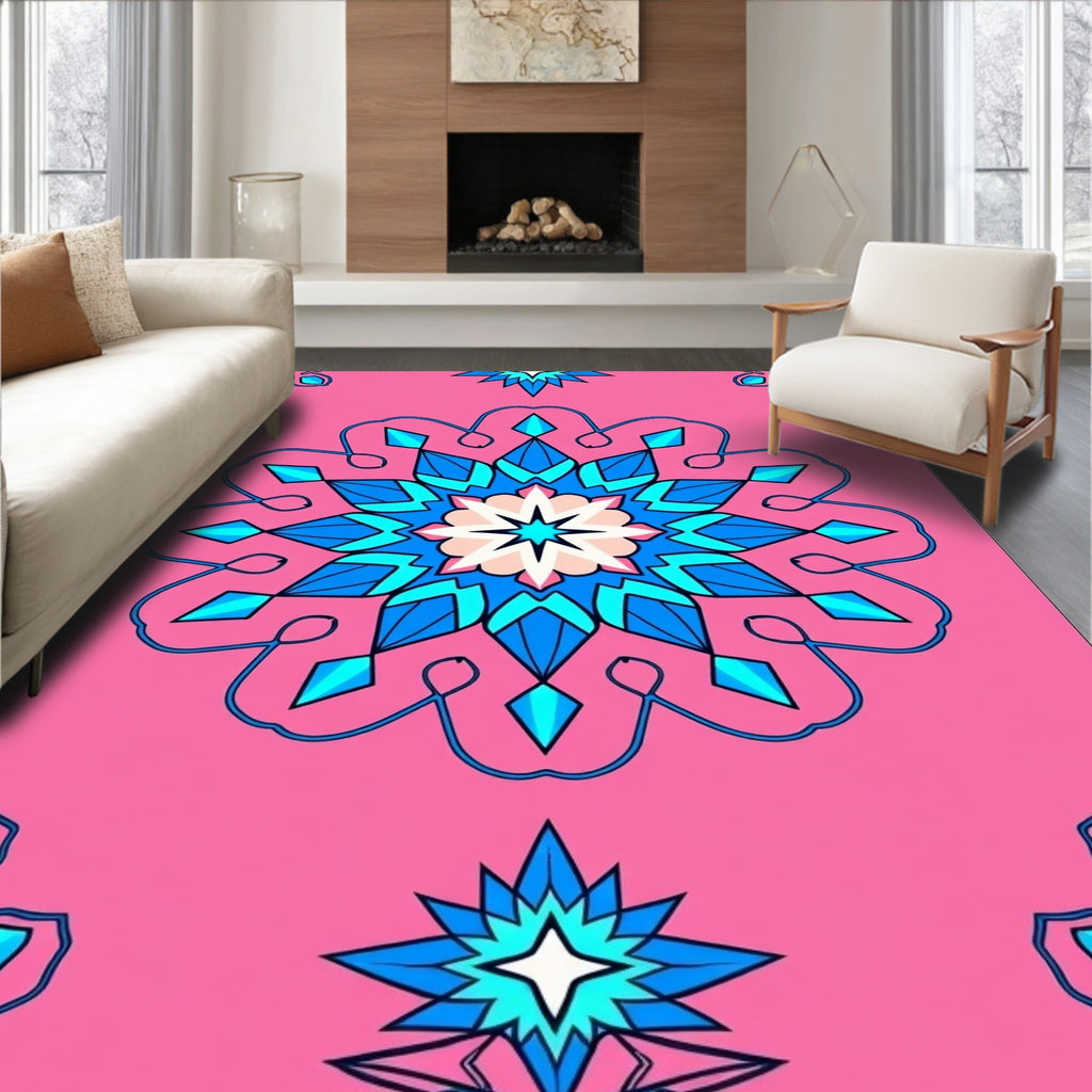 Vibrant Pink Blue Geometric Medallion Rug