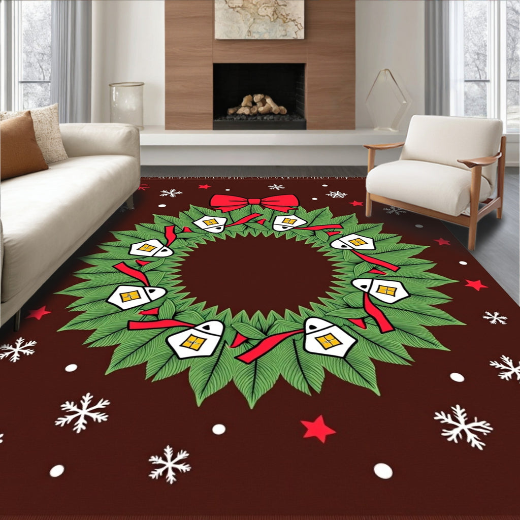Festive Wreath Houses Red Bow Snowflakes Rug