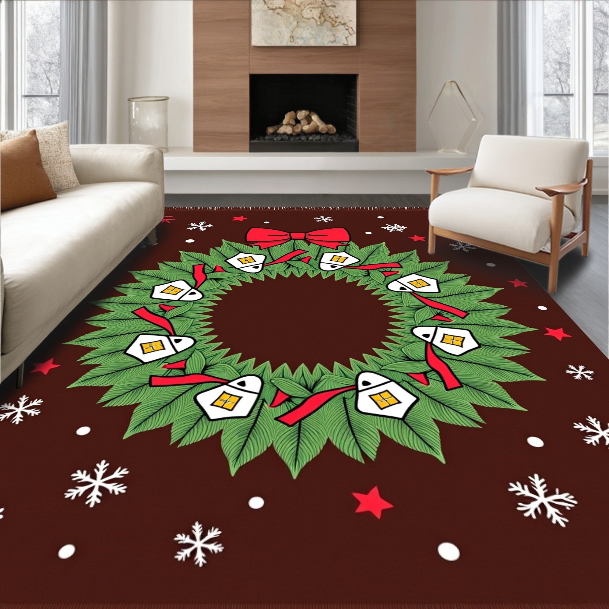 Festive Wreath Houses Red Bow Snowflakes Rug