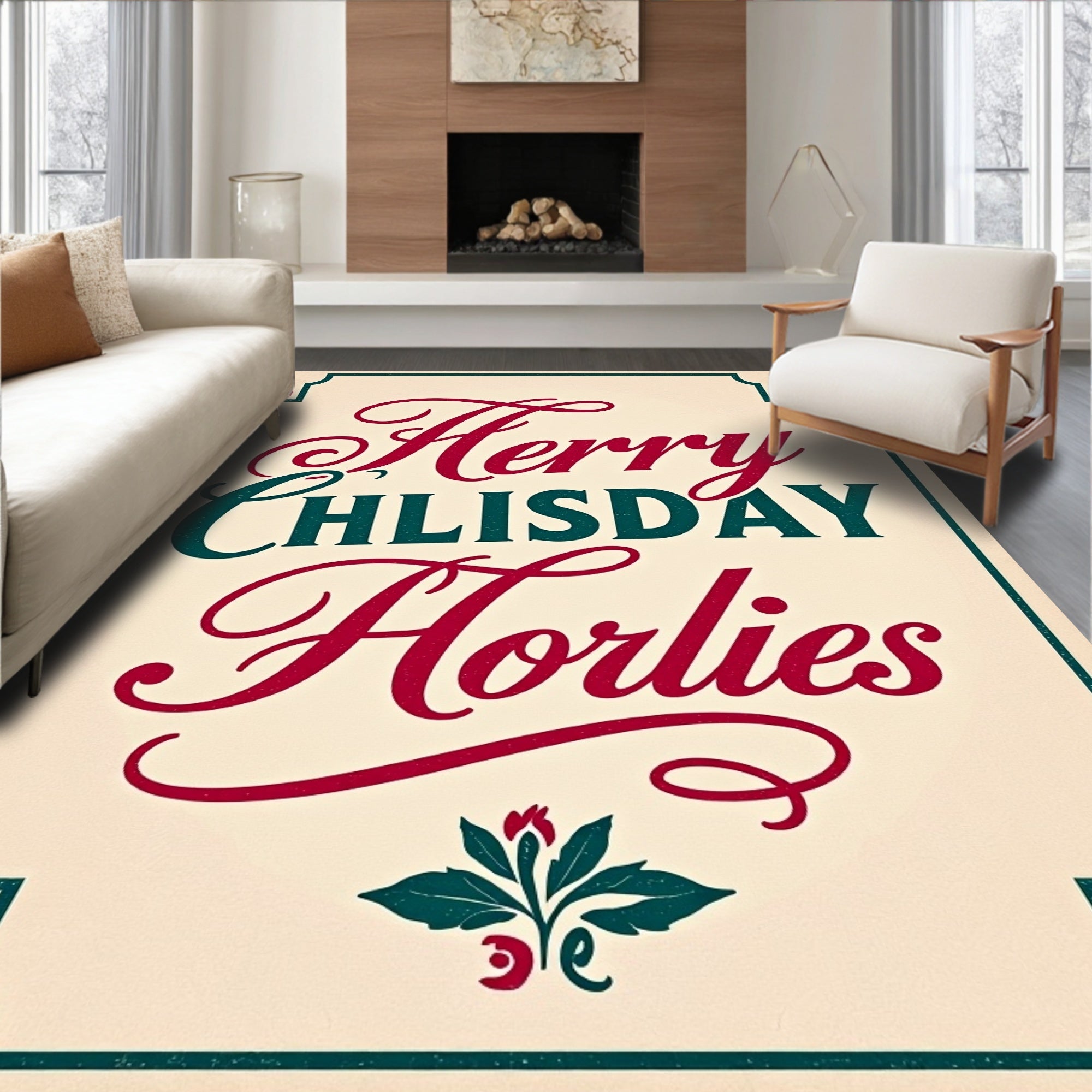 Crimson Cream Festive Holly Border Rug