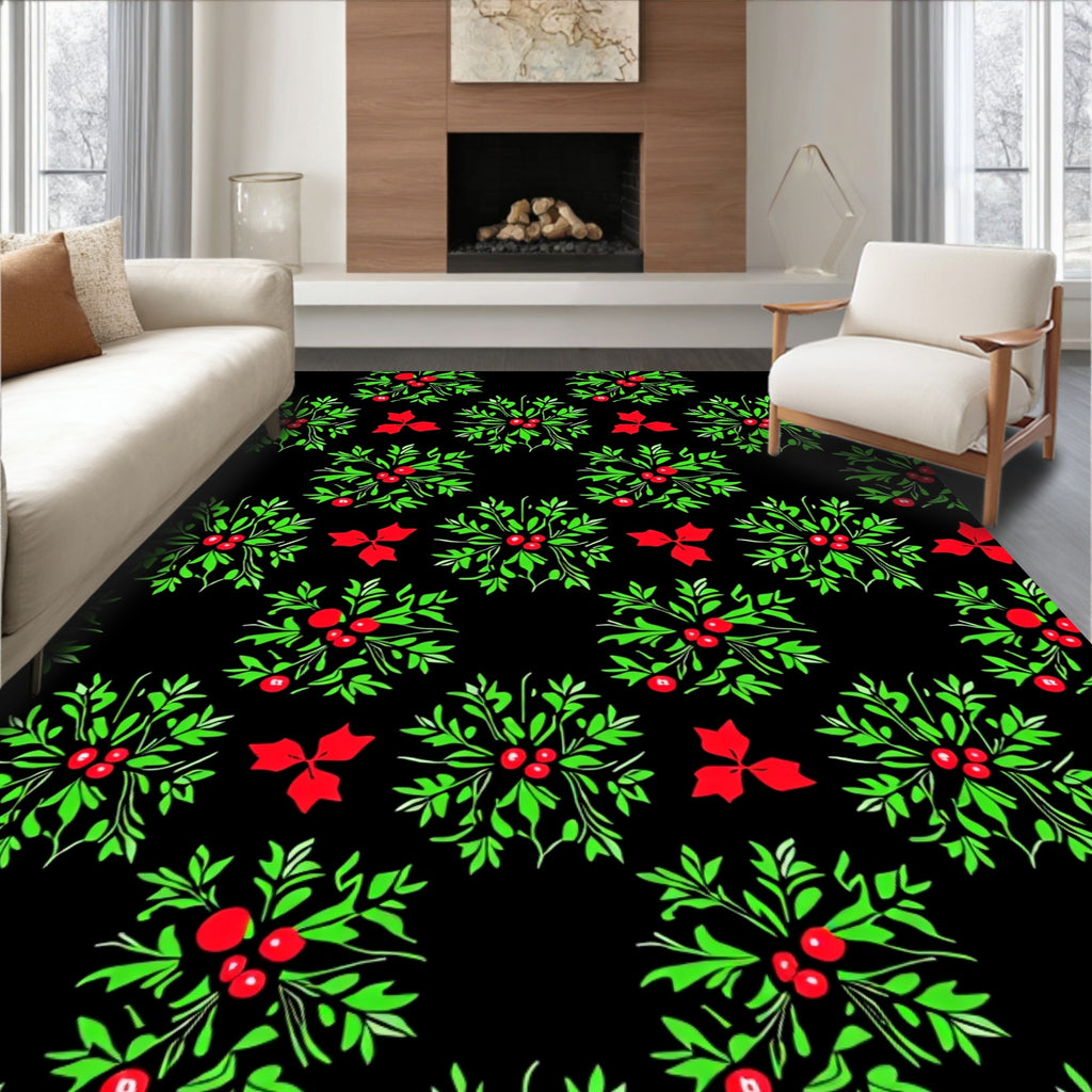 Black Green Red Berry Wreath Cluster Rug