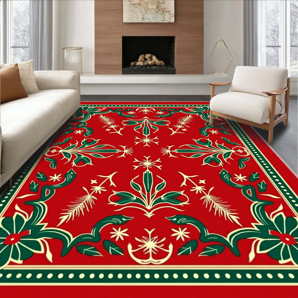 Crimson Green Floral Botanical Medallion Rug