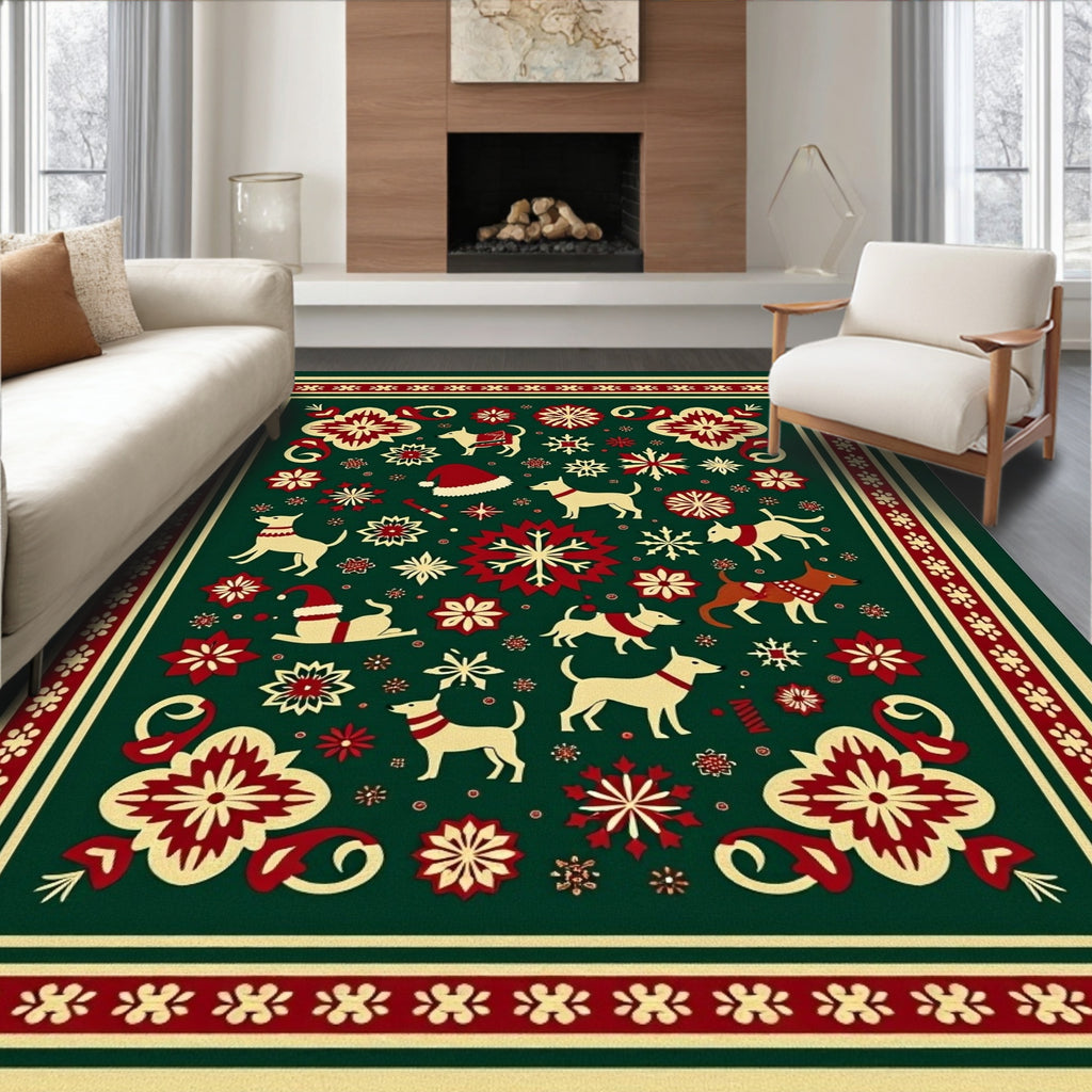 Festive Green Cream Red Dog Snowflakes Rug