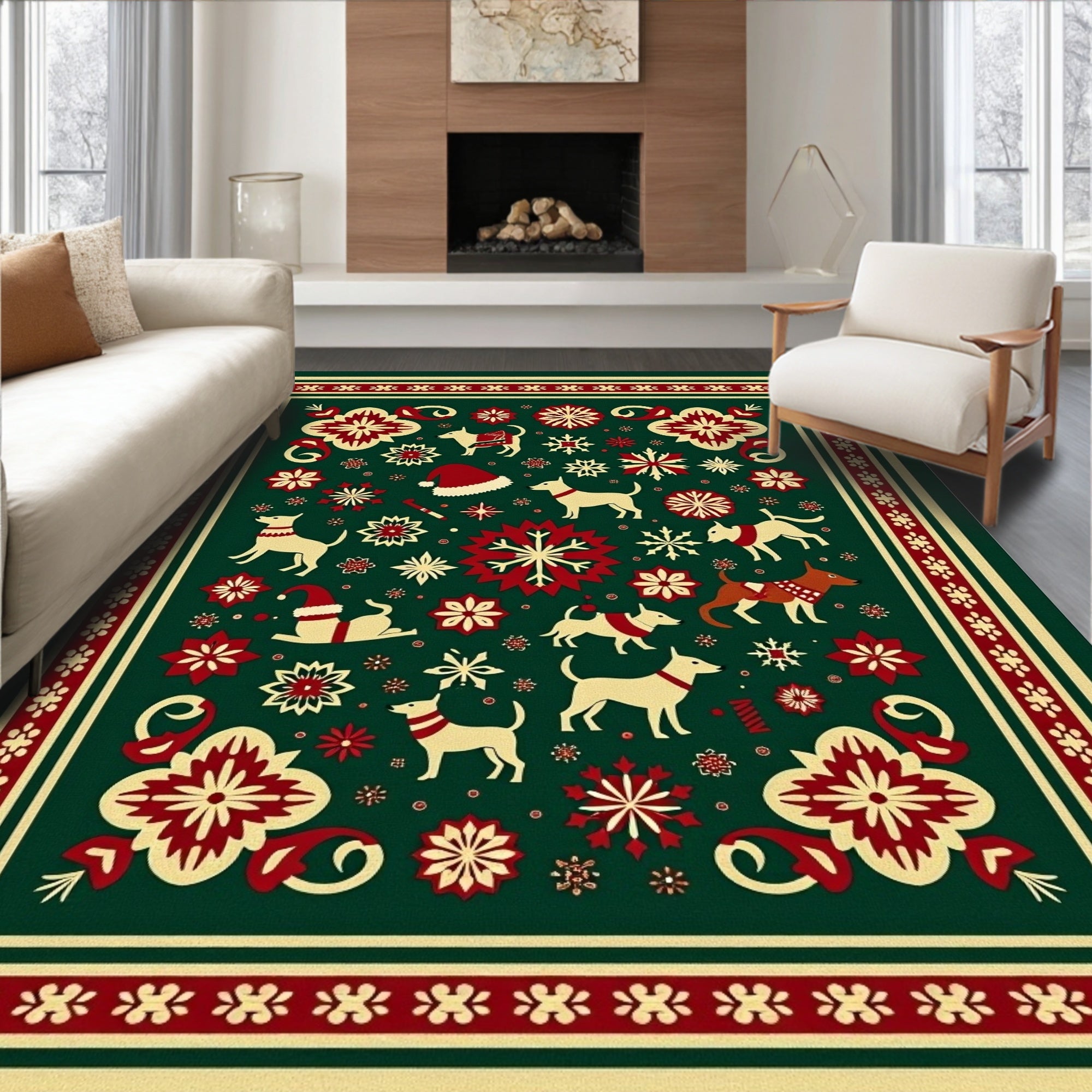 Festive Green Cream Red Dog Snowflakes Rug