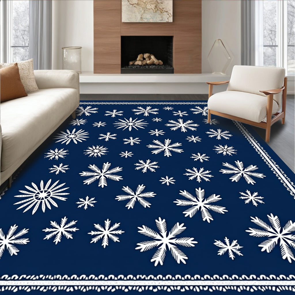 White Snowflake Navy Blue All Over Rug