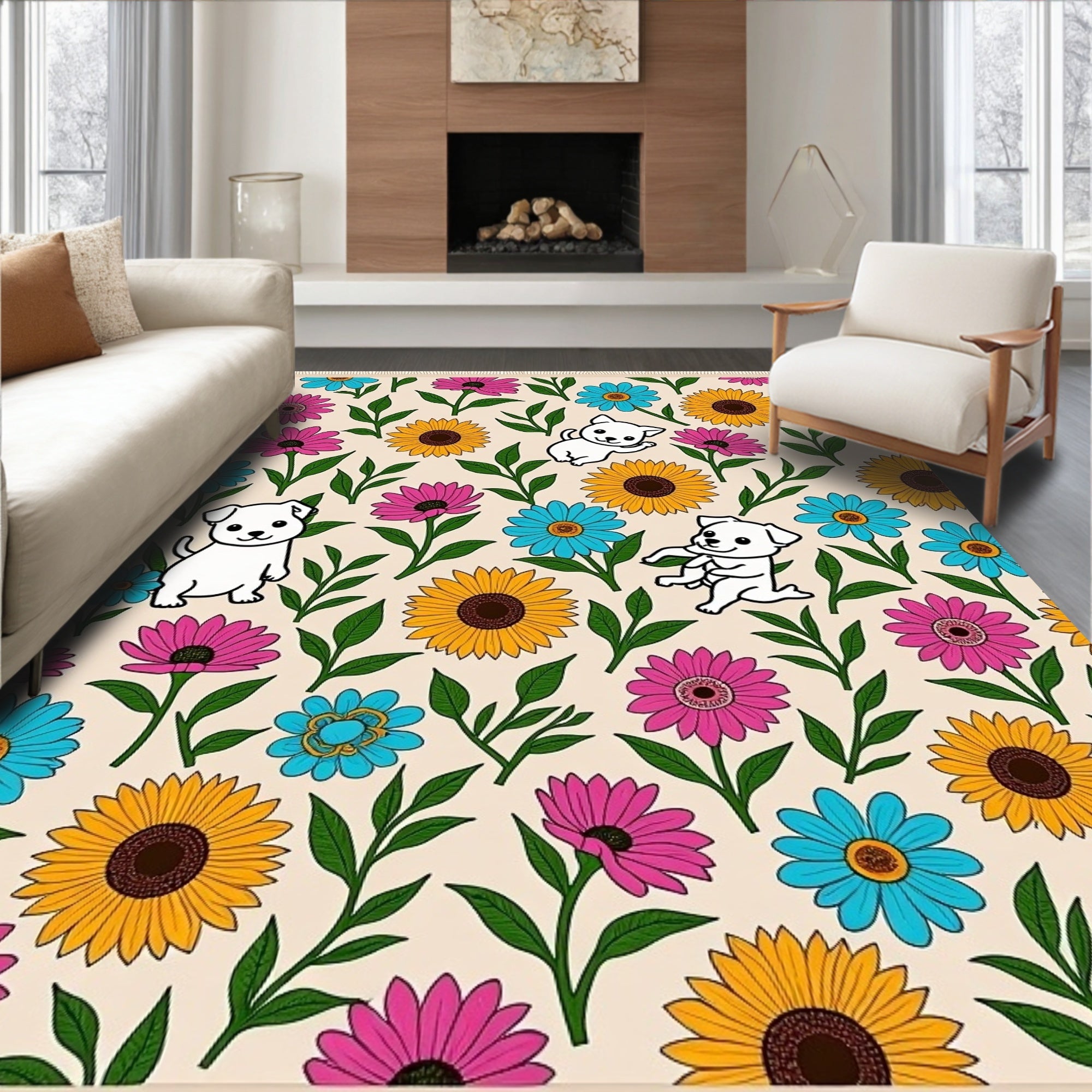 Joyful puppies with vibrant floral field Rug