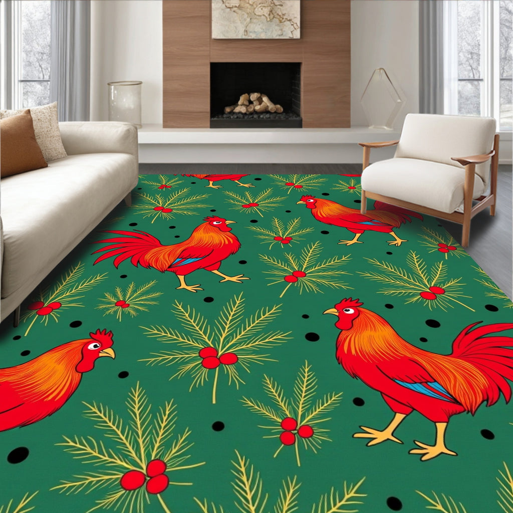 Crimson Roosters Festive Evergreen Branches Rug