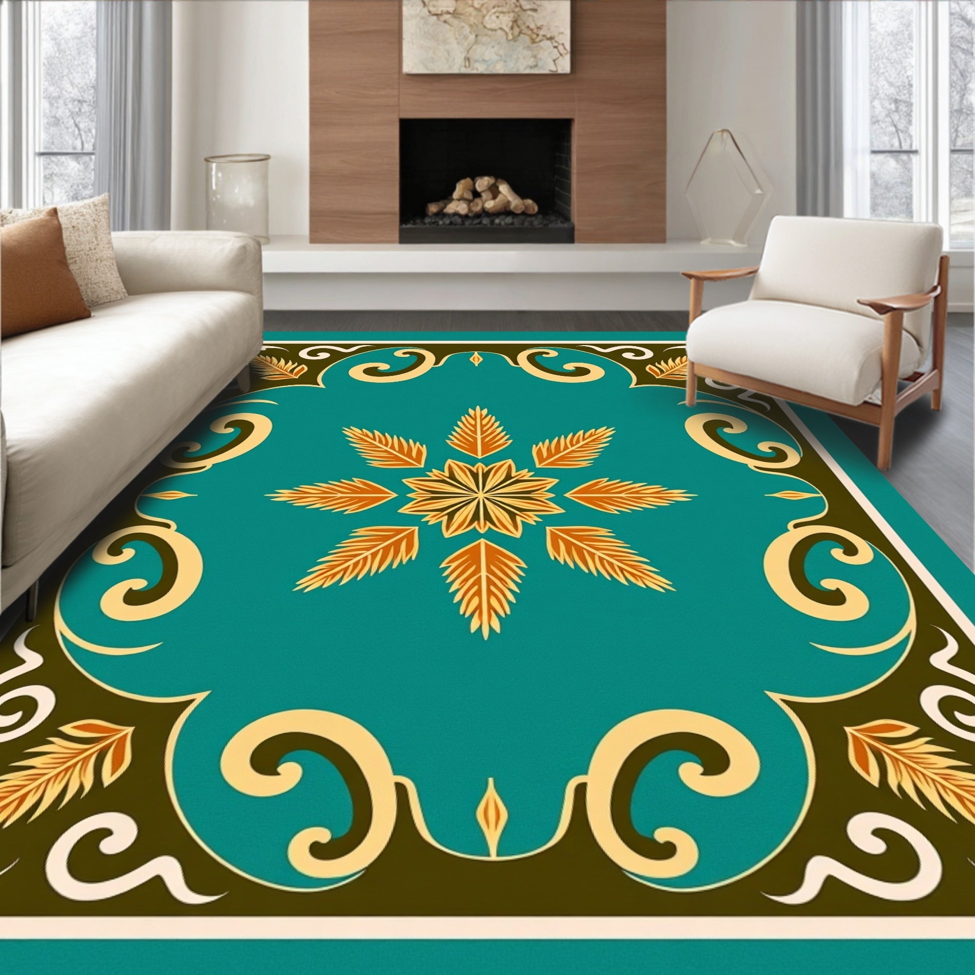 Teal Blossom Medallion with Leaf Accents Rug